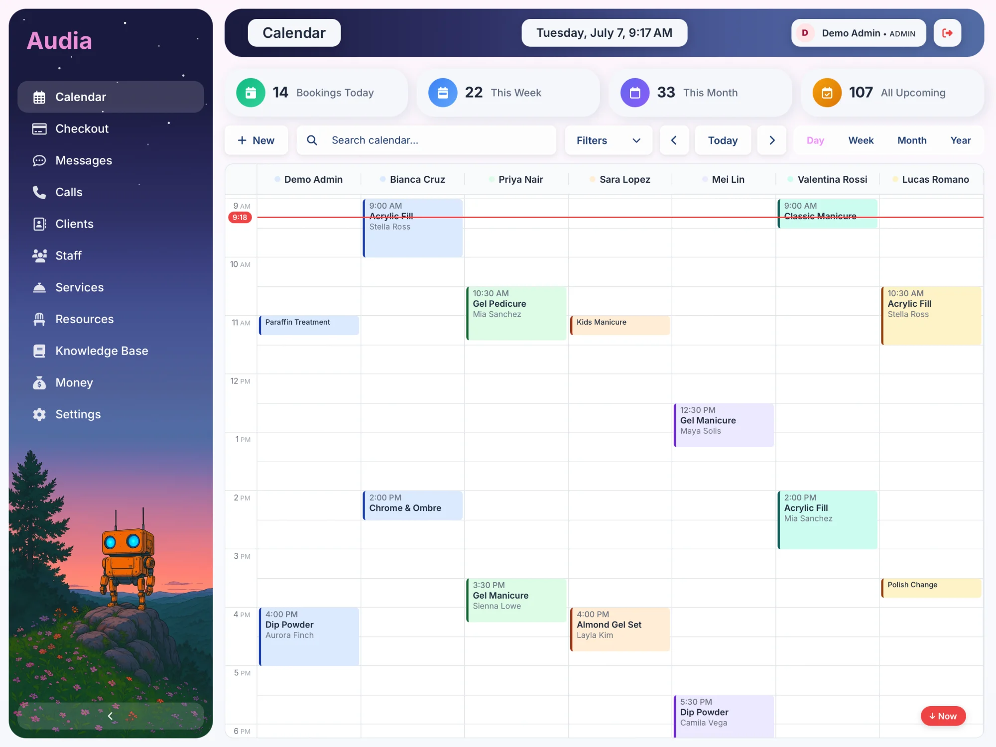 Audia Calendar screen showing a full day of team bookings