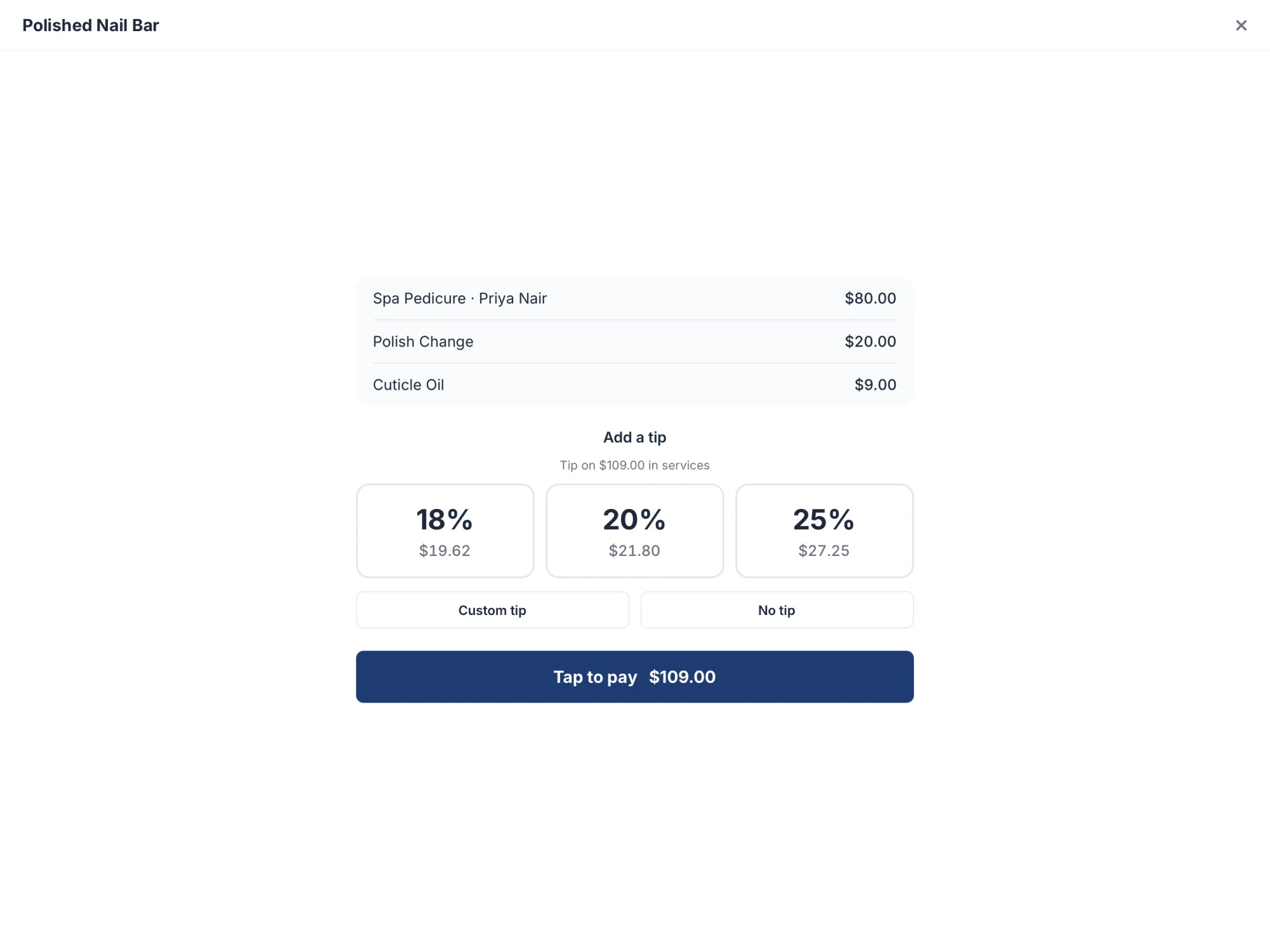 Audia Checkout screen with tip selection and tap to pay, card reader floating alongside