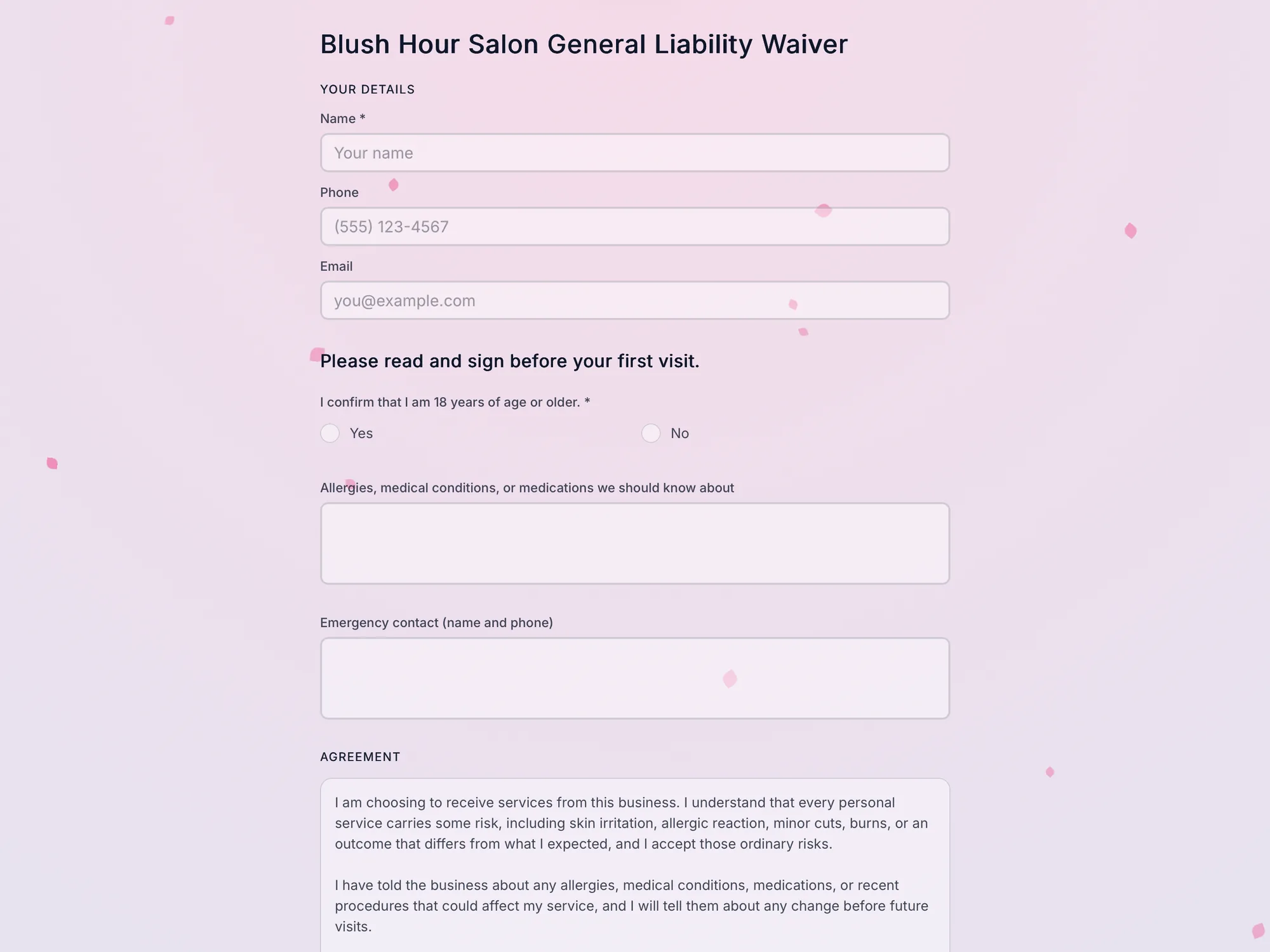 A salon's liability waiver as the client sees it on their phone, with contact details, health questions, and the agreement to sign