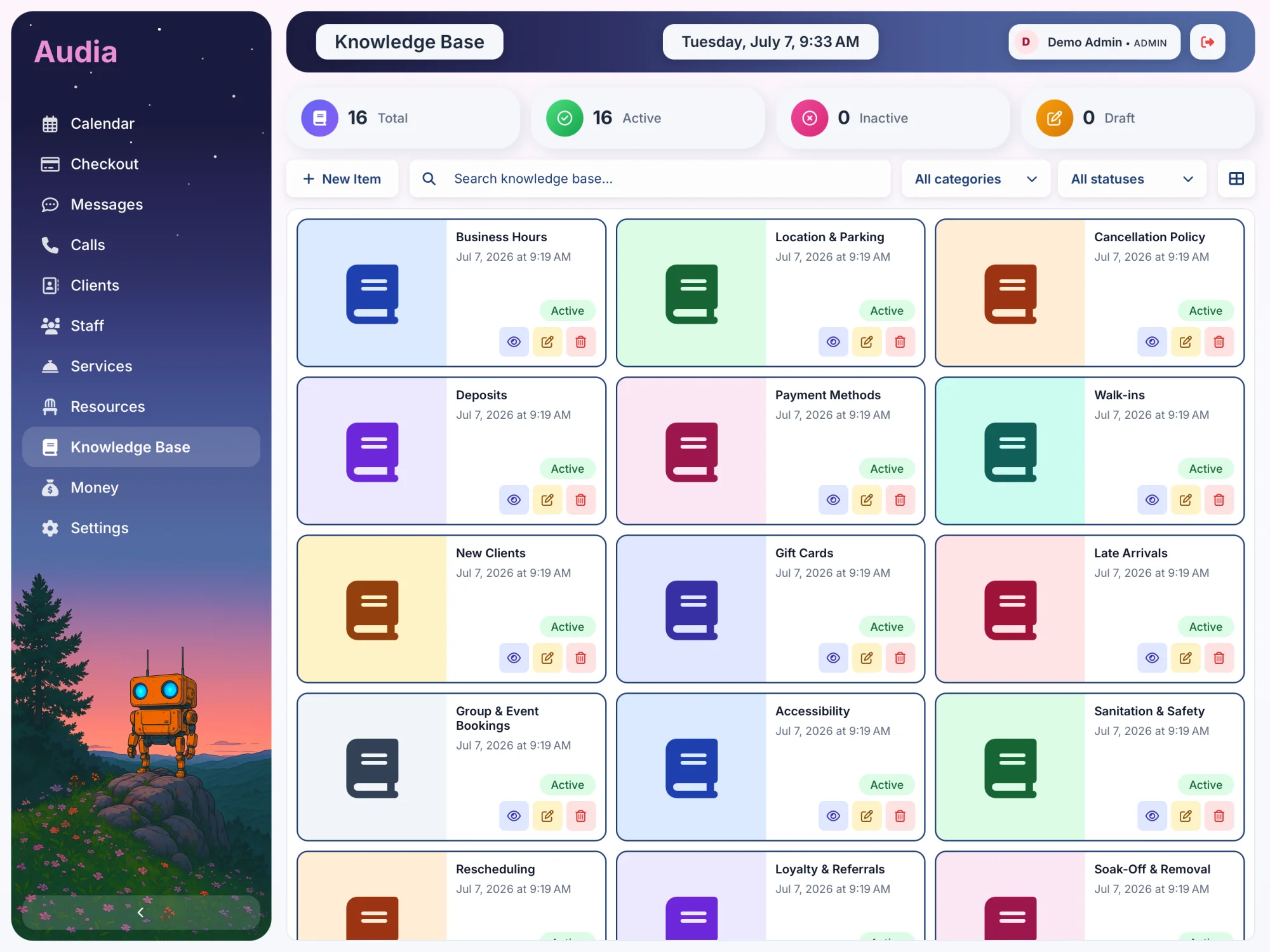 Audia Knowledge Base screen with business articles the AI answers from