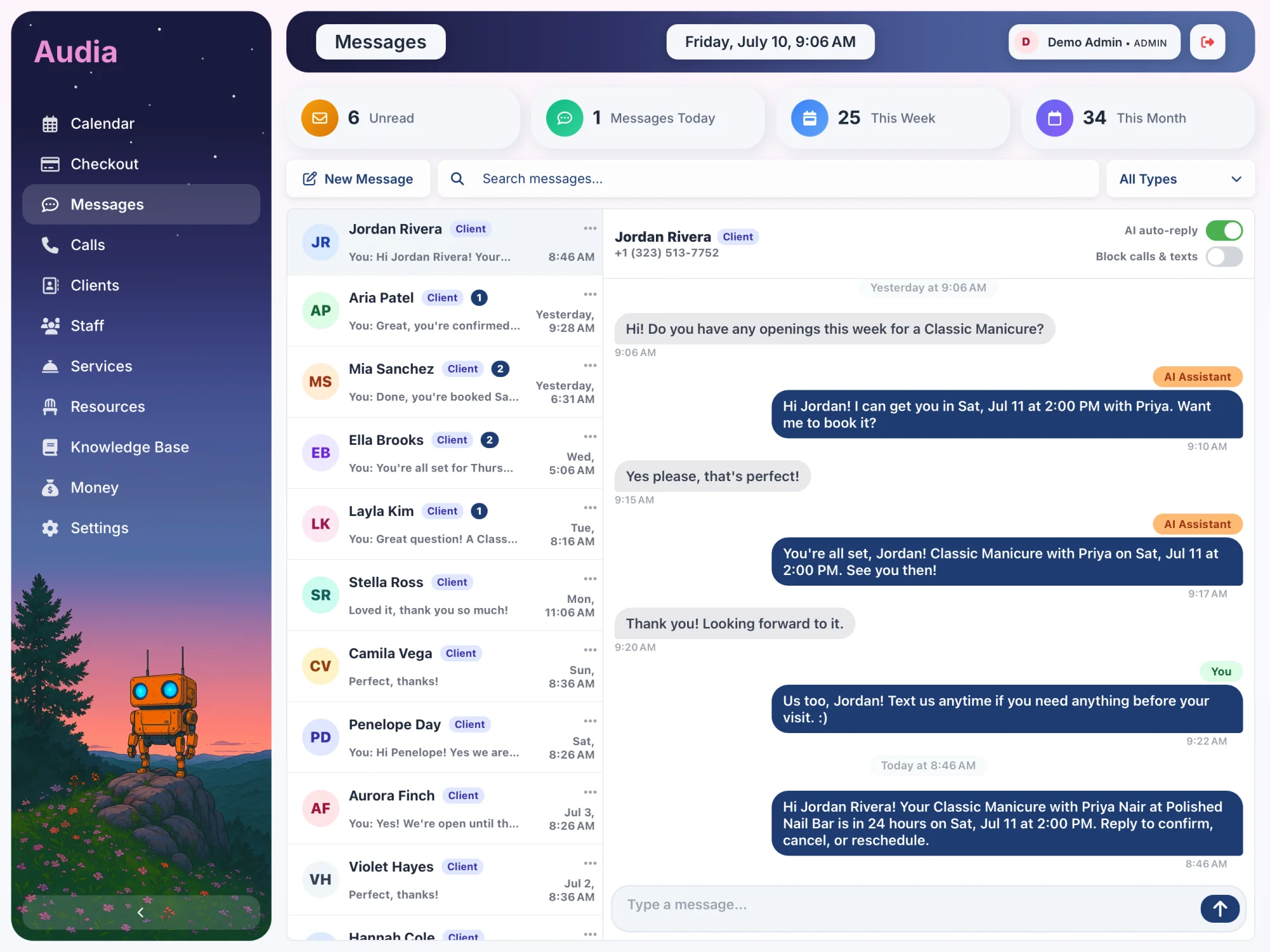 Audia Messages screen with the AI assistant texting a client and booking an appointment