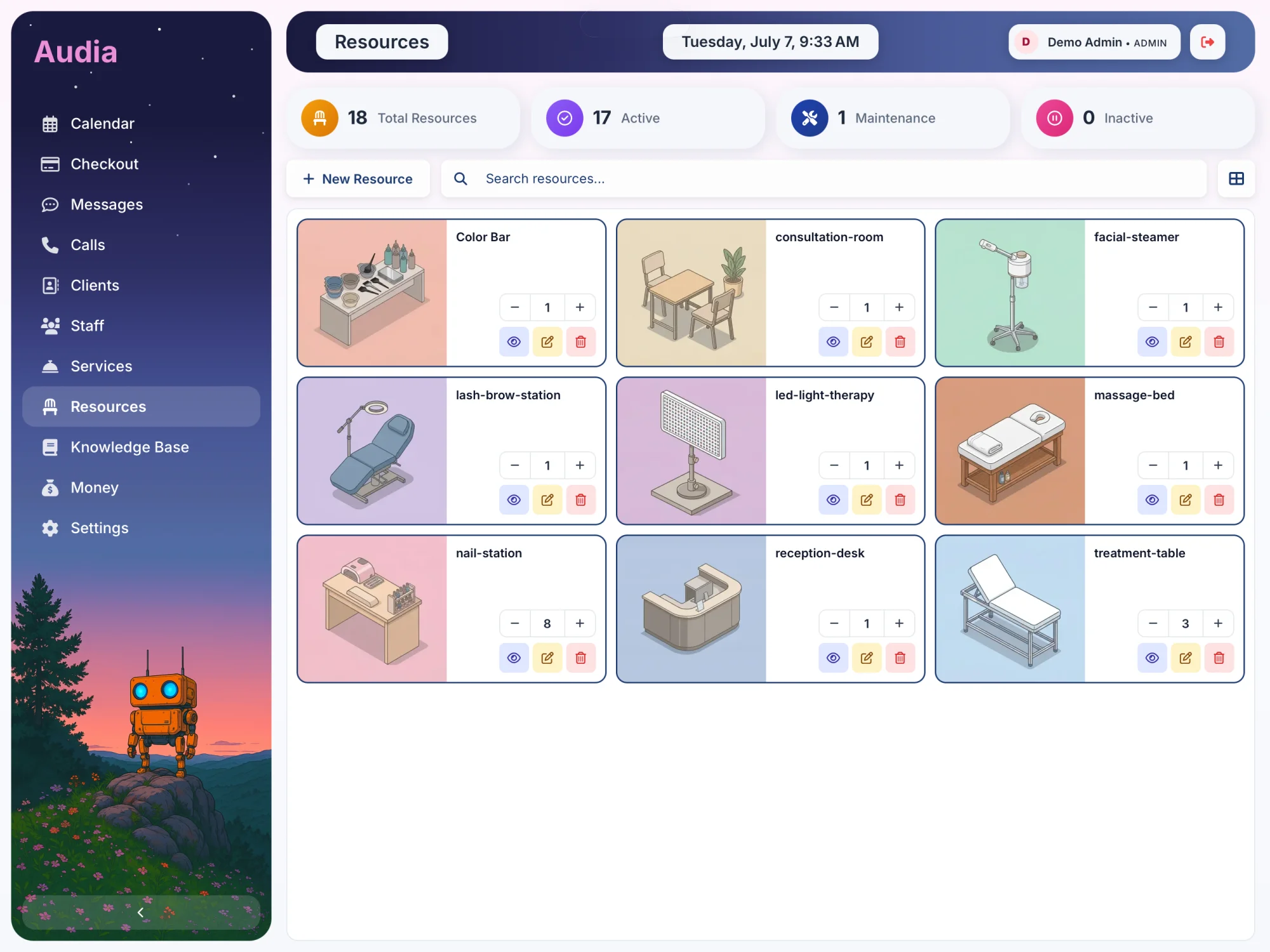 Audia Resources screen tracking chairs, rooms, and equipment