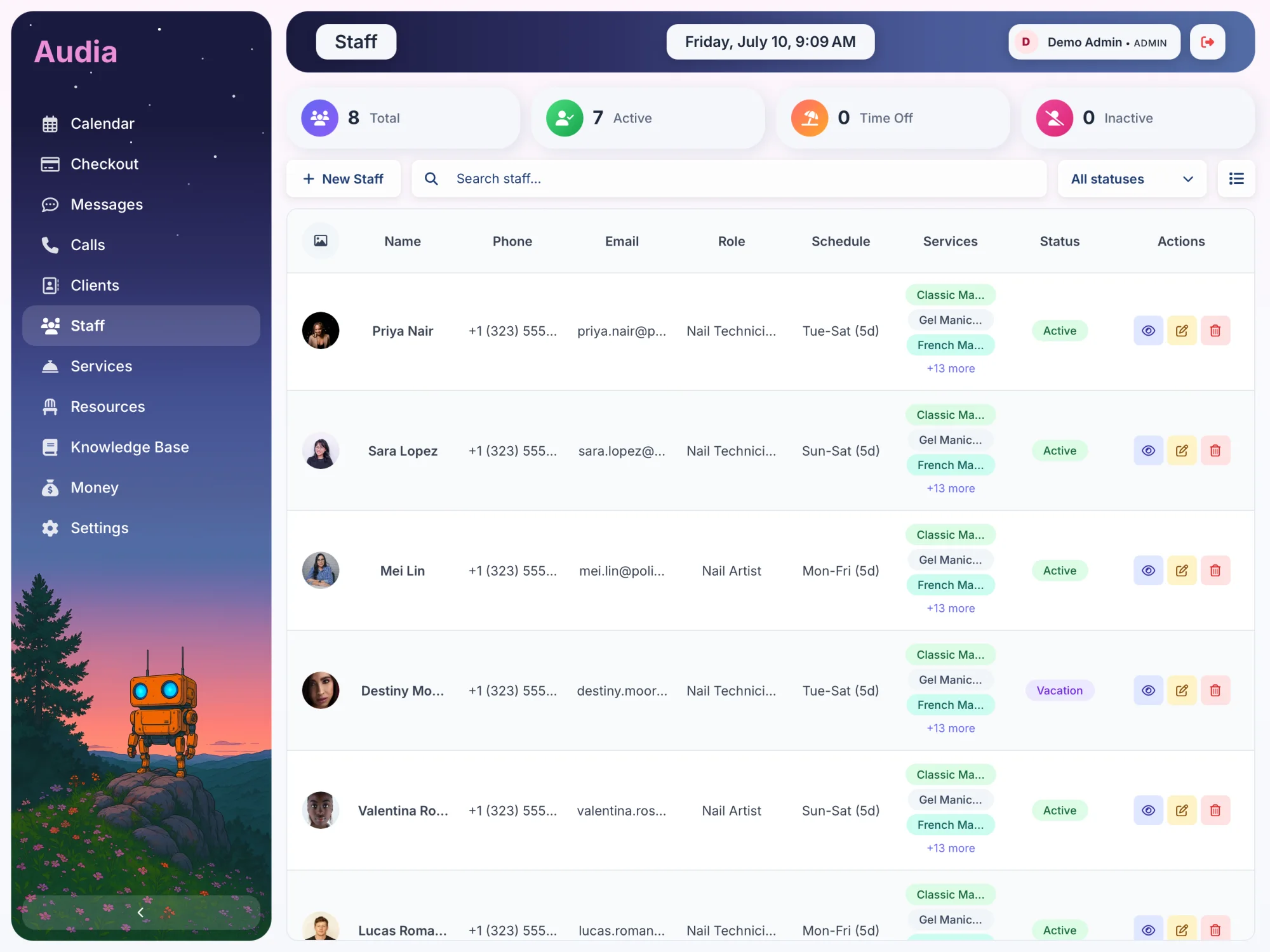 Audia Staff screen with team roles and individual schedules